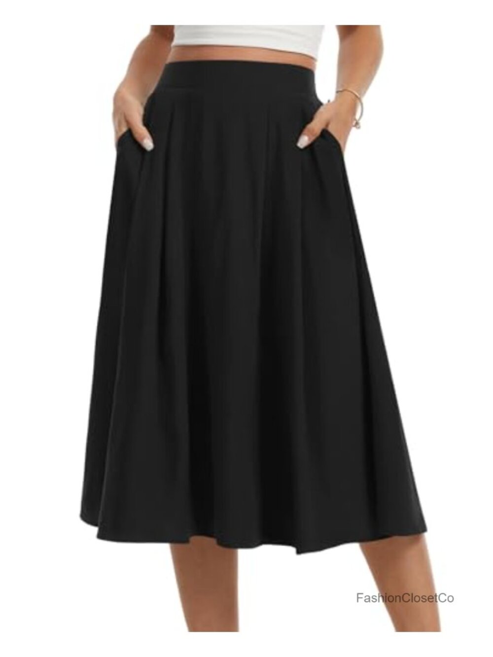 Midi A-Line Flowy Chiffon Skirt with Pockets Elastic Waist Casual